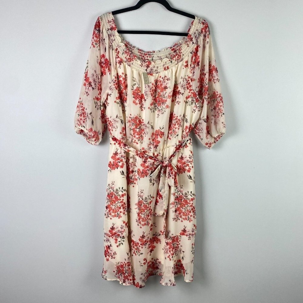 Maurices Off the Shoulder Cream Floral Oversized Dress Womens 2X Half Sleeve Tie